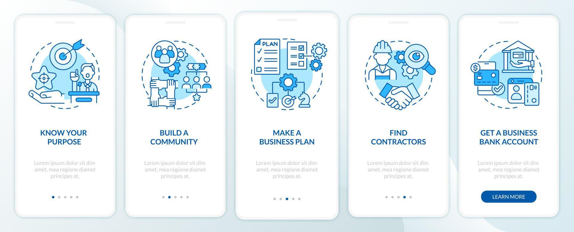 Startup development tips onboarding mobile app page screen. Entrepreneurship walkthrough 5 steps graphic instructions with concepts. UI, UX, GUI vector template with linear color illustrations