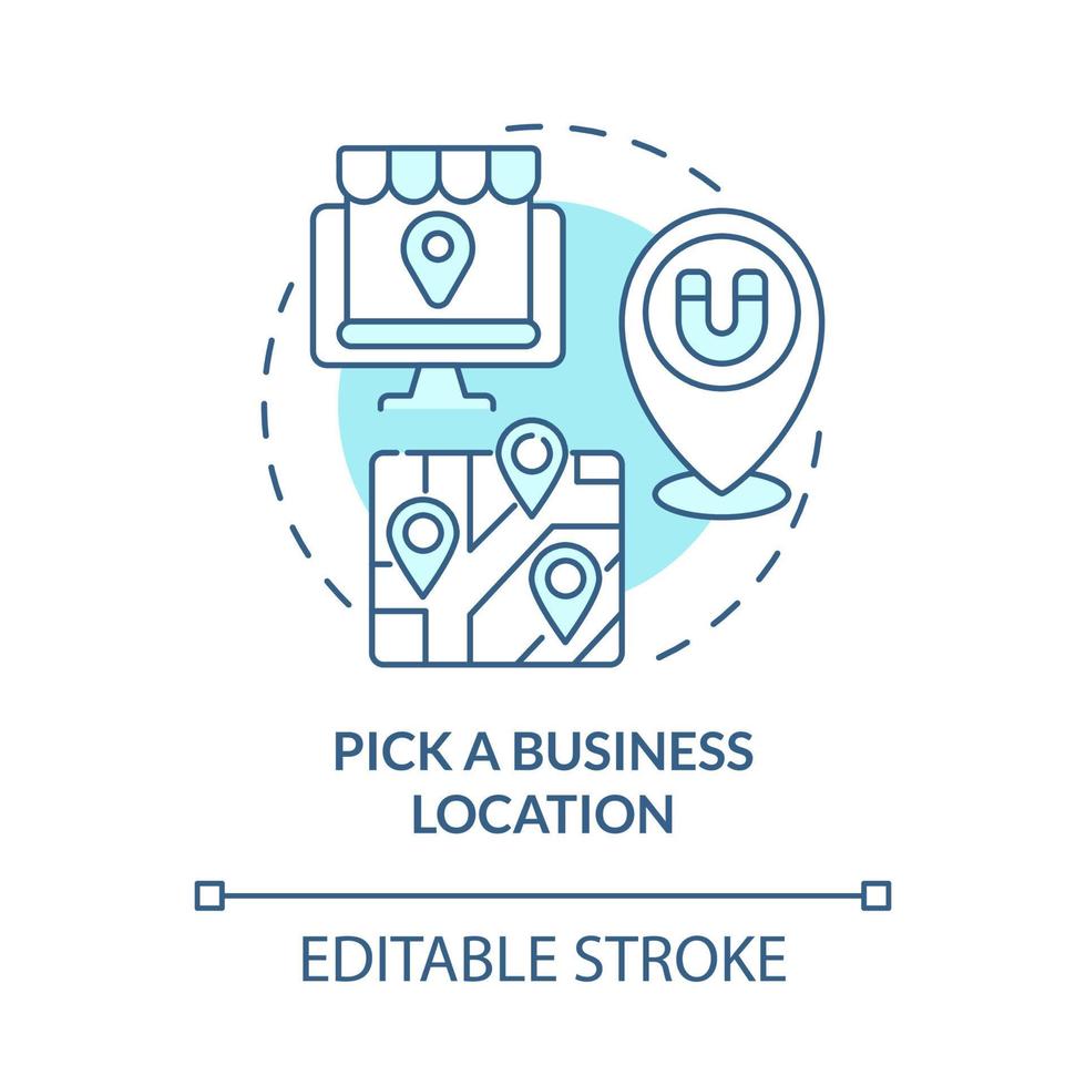 Elija la ubicación de la empresa en el icono del concepto de aplicación. marcar en el mapa para la comodidad de los clientes. haciendo que el negocio sea visible idea abstracta ilustración de línea fina. dibujo de color de contorno aislado vectorial. trazo editable vector