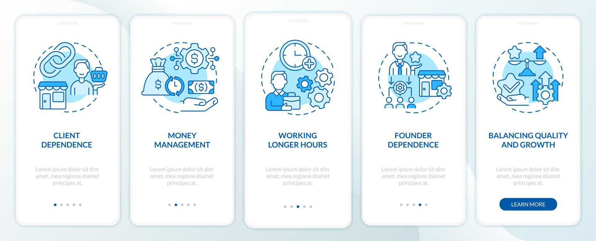 Business corporate structure tips onboarding mobile app page screen. Startup boost walkthrough 5 steps graphic instructions with concepts. UI, UX, GUI vector template with linear color illustrations