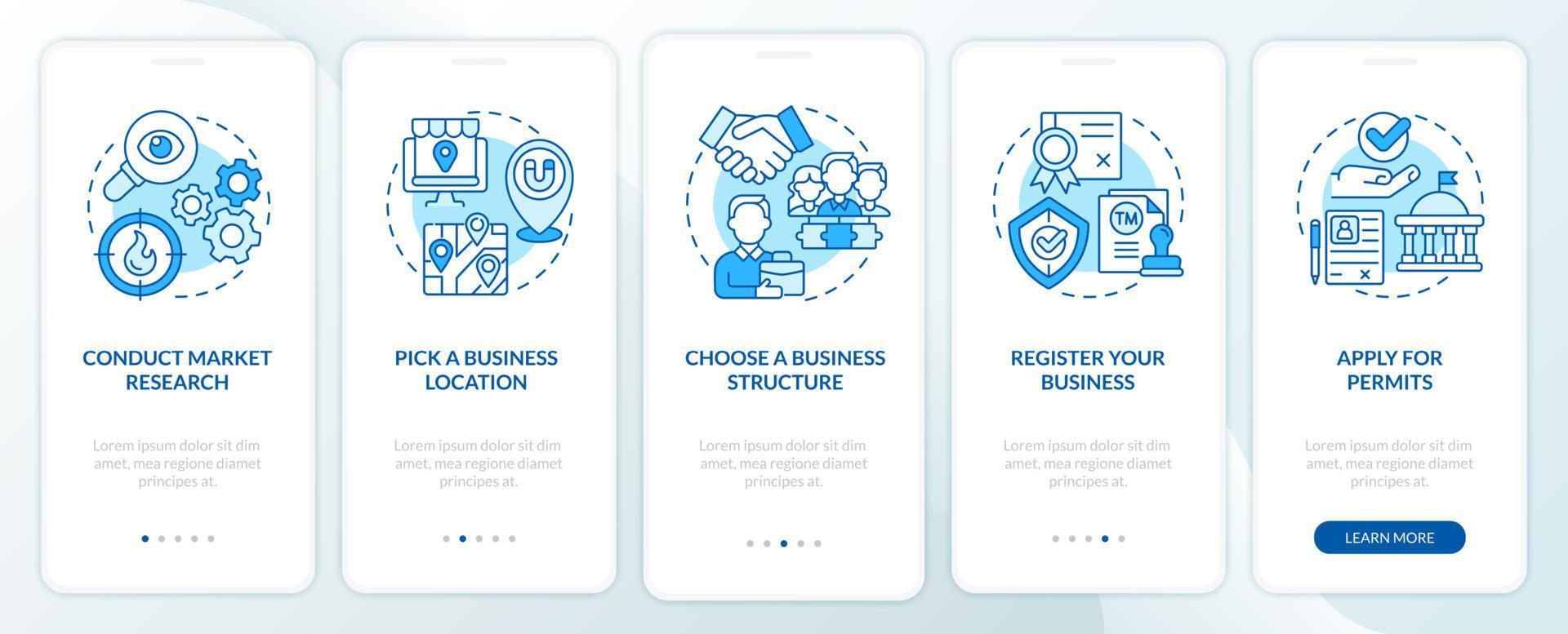 Small business organizing tips onboarding mobile app page screen. Startup walkthrough 5 steps graphic instructions with concepts. UI, UX, GUI vector template with linear color illustrations