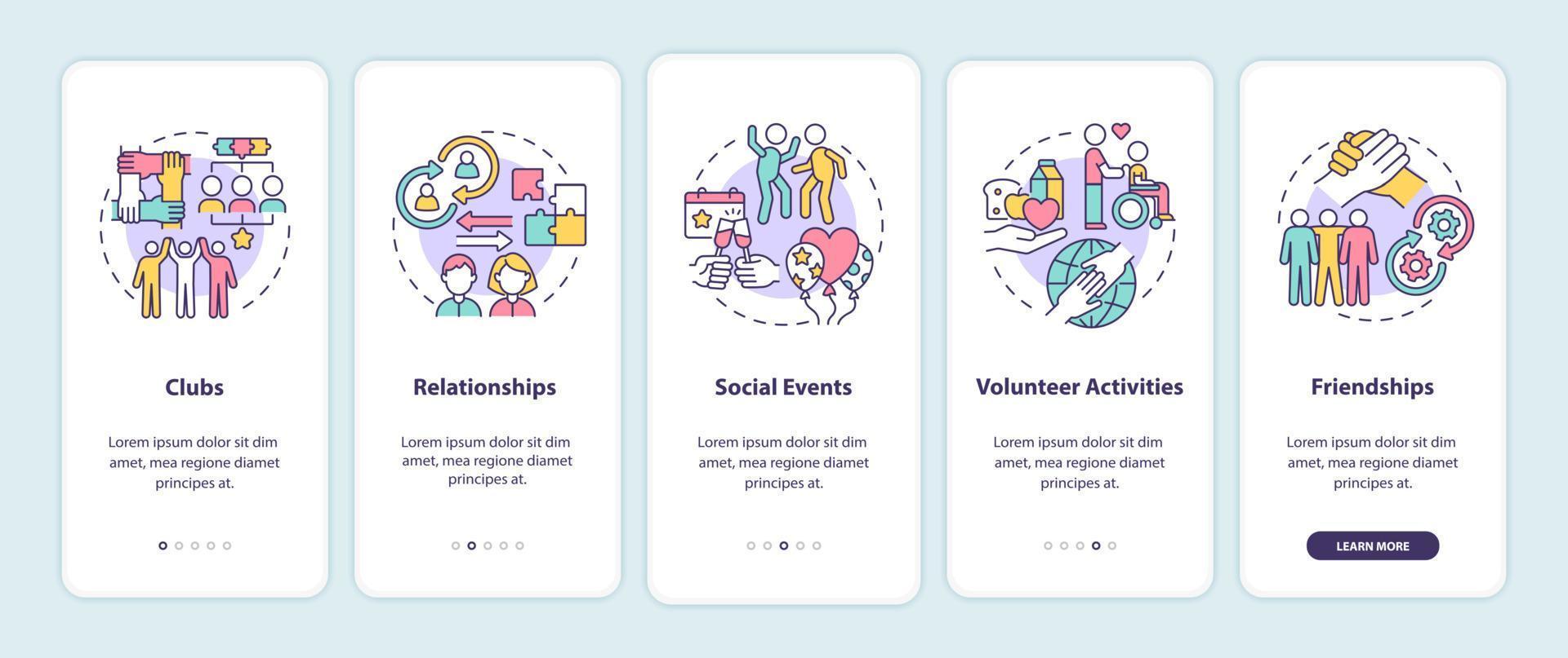 Social participation examples onboarding mobile app page screen. Group activity walkthrough 4 steps graphic instructions with concepts. UI, UX, GUI vector template with linear color illustrations