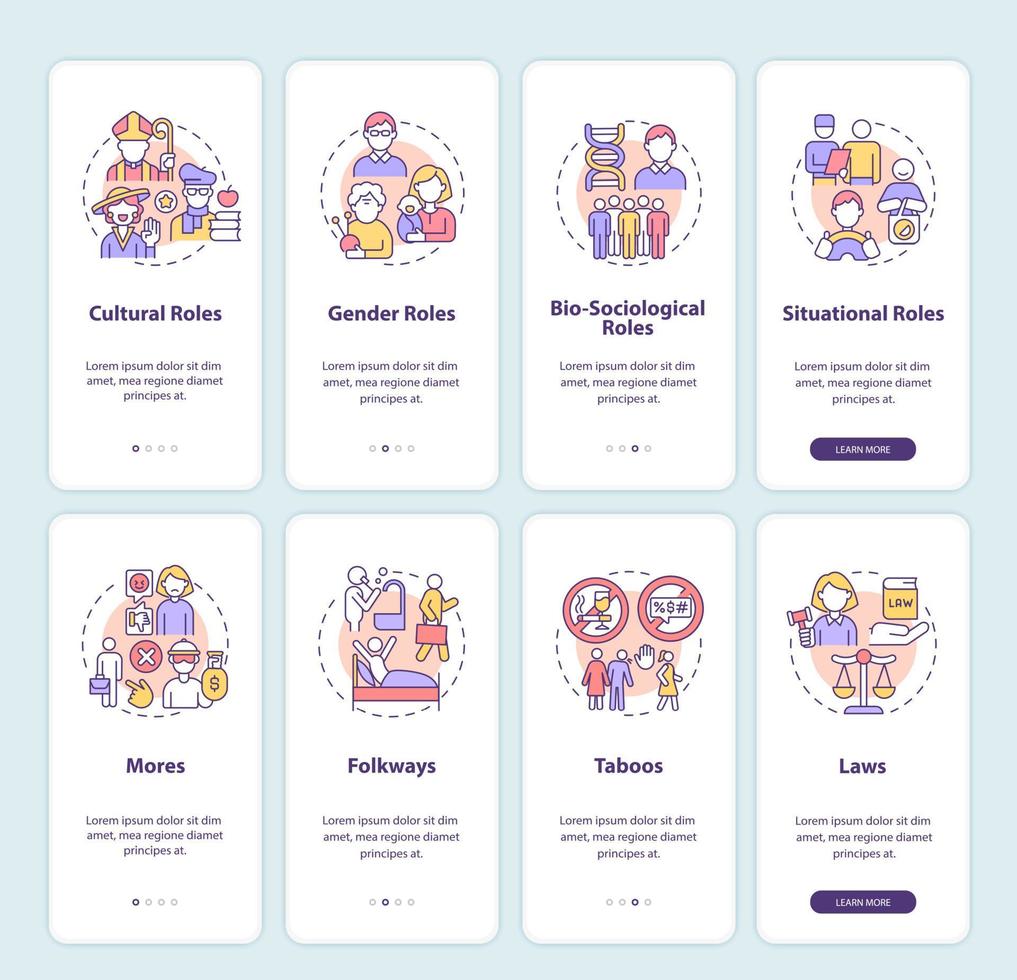 Social roles and norms set onboarding mobile app page screen. Personal activity set walkthrough 8 steps graphic instructions with concepts. UI, UX, GUI vector template with linear color illustrations