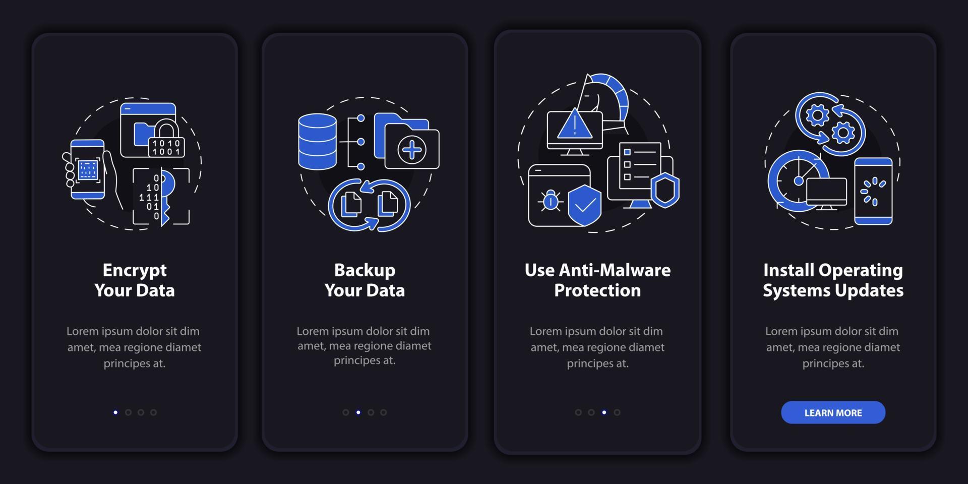 Web searching tips onboarding mobile app page screen. Data protection walkthrough four steps graphic instructions with concepts. UI, UX, GUI vector template with linear night mode illustrations