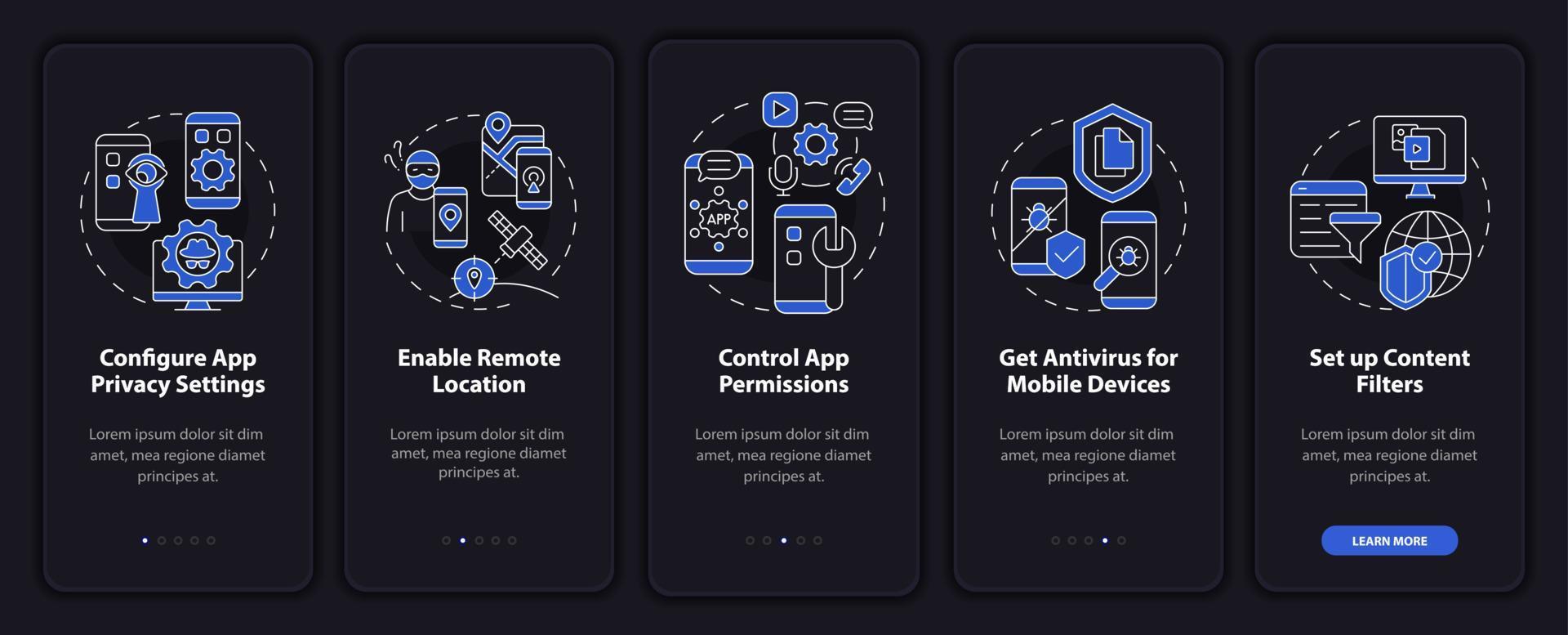 Security online tips onboarding mobile app page screen. Information protect walkthrough five steps graphic instructions with concepts. UI, UX, GUI vector template with linear night mode illustrations