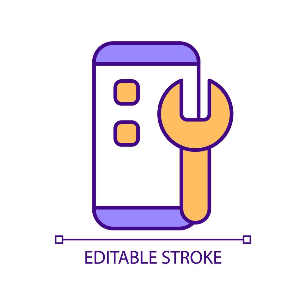 Mobile device repair and setup RGB color icon. Phone maintenance. Apps installing. Online data protection. Isolated vector illustration. Simple filled line drawing. Editable stroke