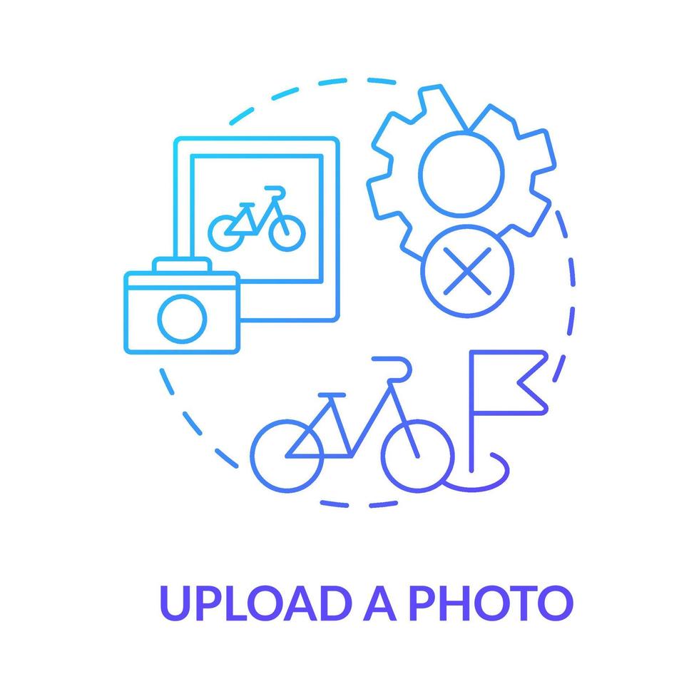 Upload photo blue gradient concept icon. Bike sharing usage abstract idea thin line illustration. Maintain e-bike state. Bikesharing system experience review. Vector isolated outline color drawing