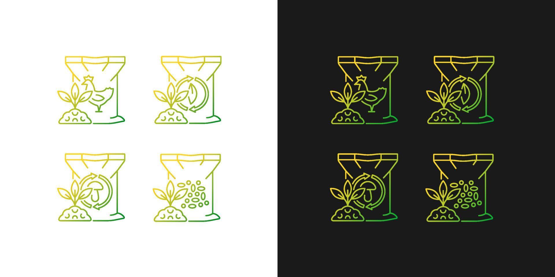 Byproduct fertilizers gradient icons set for dark and light mode. Organic supplements for soil. Thin line contour symbols bundle. Isolated vector outline illustrations collection on black and white