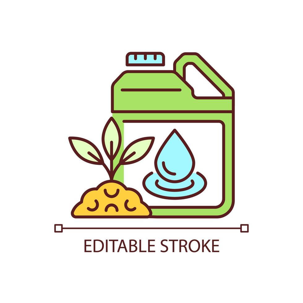 Liquid fertilizer RGB color icon. Fluid mixture of supplements. Pouring and spraying. Plants and crops supplement. Isolated vector illustration. Simple filled line drawing. Editable stroke