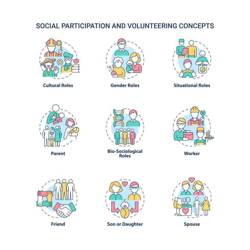Conjunto de iconos de concepto de participación social y voluntariado. diferentes roles para las personas en la comunidad idea ilustraciones en color de líneas finas. dibujos de contorno aislados vectoriales. trazo editable vector