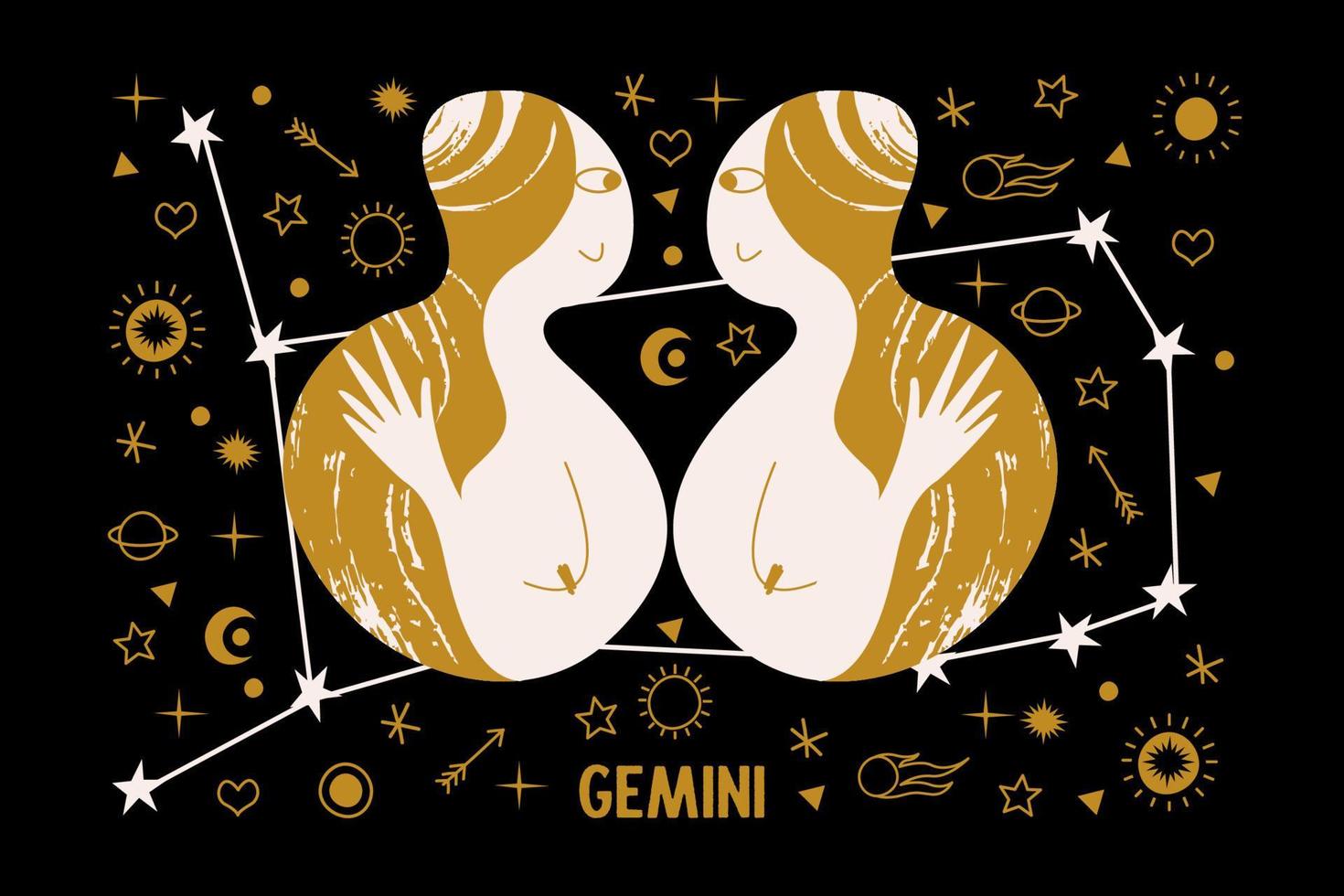 Gemini. Zodiac sign. Two girls are twins. Constellation of Gemini. Vector illustration in a flat style.