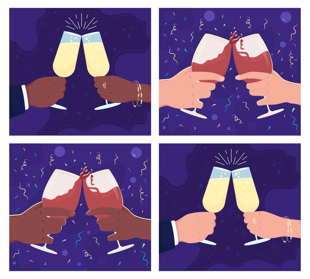 Toast with wine glasses flat color vector illustration set
