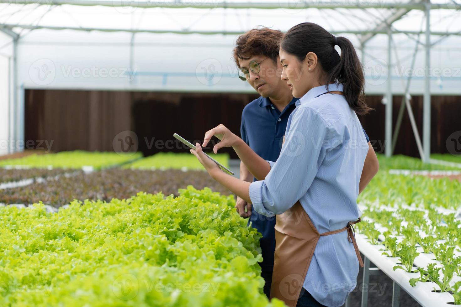 The owner of the organic vegetable garden gives advice to customers photo