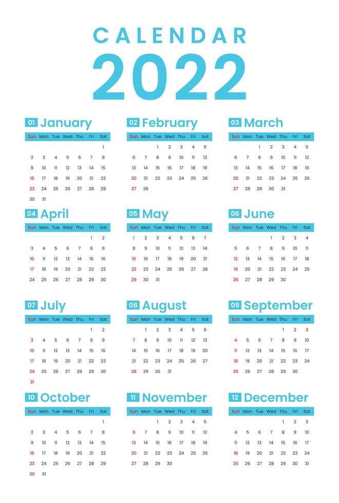 Calendar 2022 From Set from January to December. Week Start on Sunday. Wall Calendar Minimalist vector