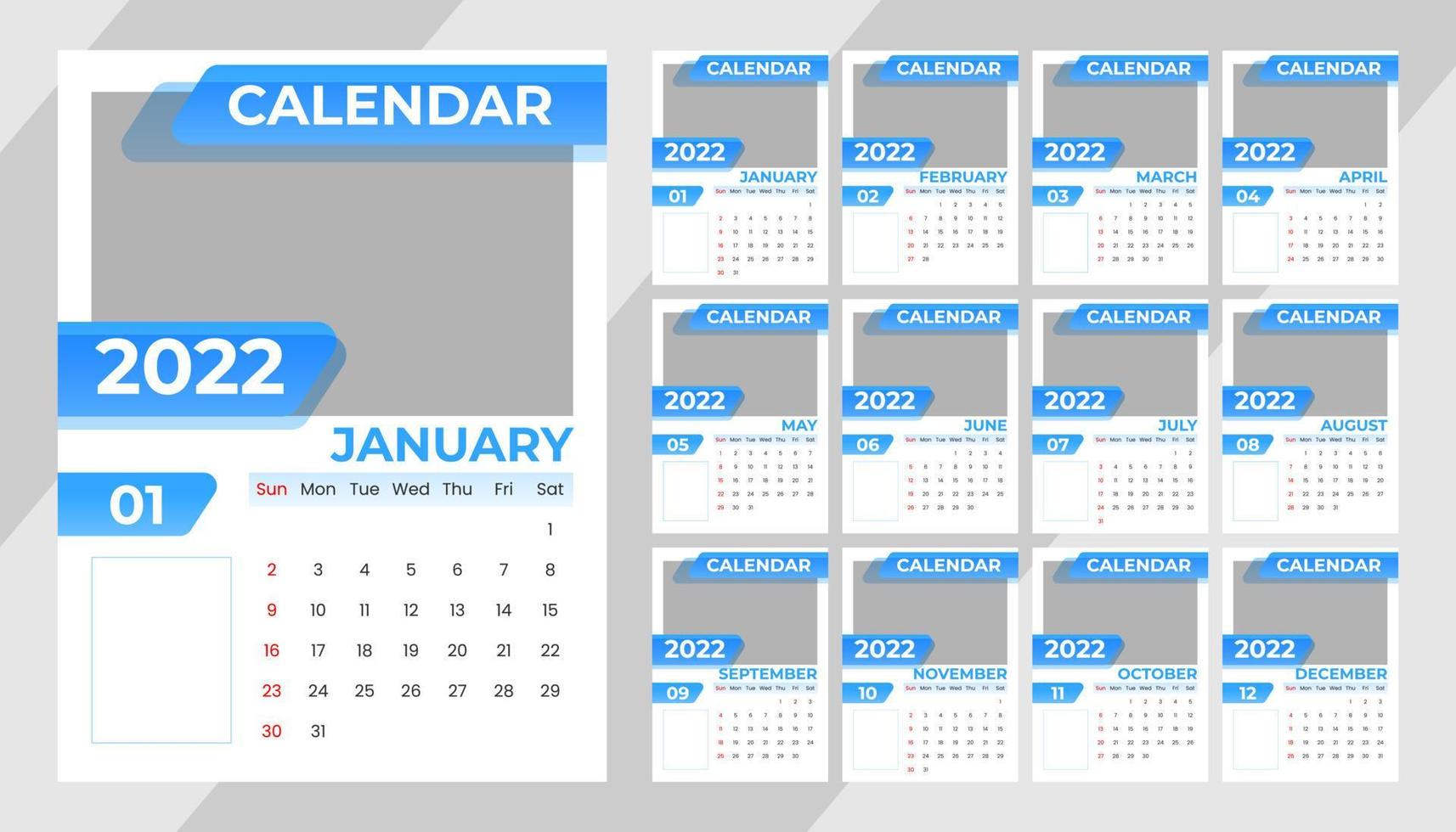 Elegante diseño de plantilla de calendario azul 2022 año nuevo imprimible con espacio para fotos vector