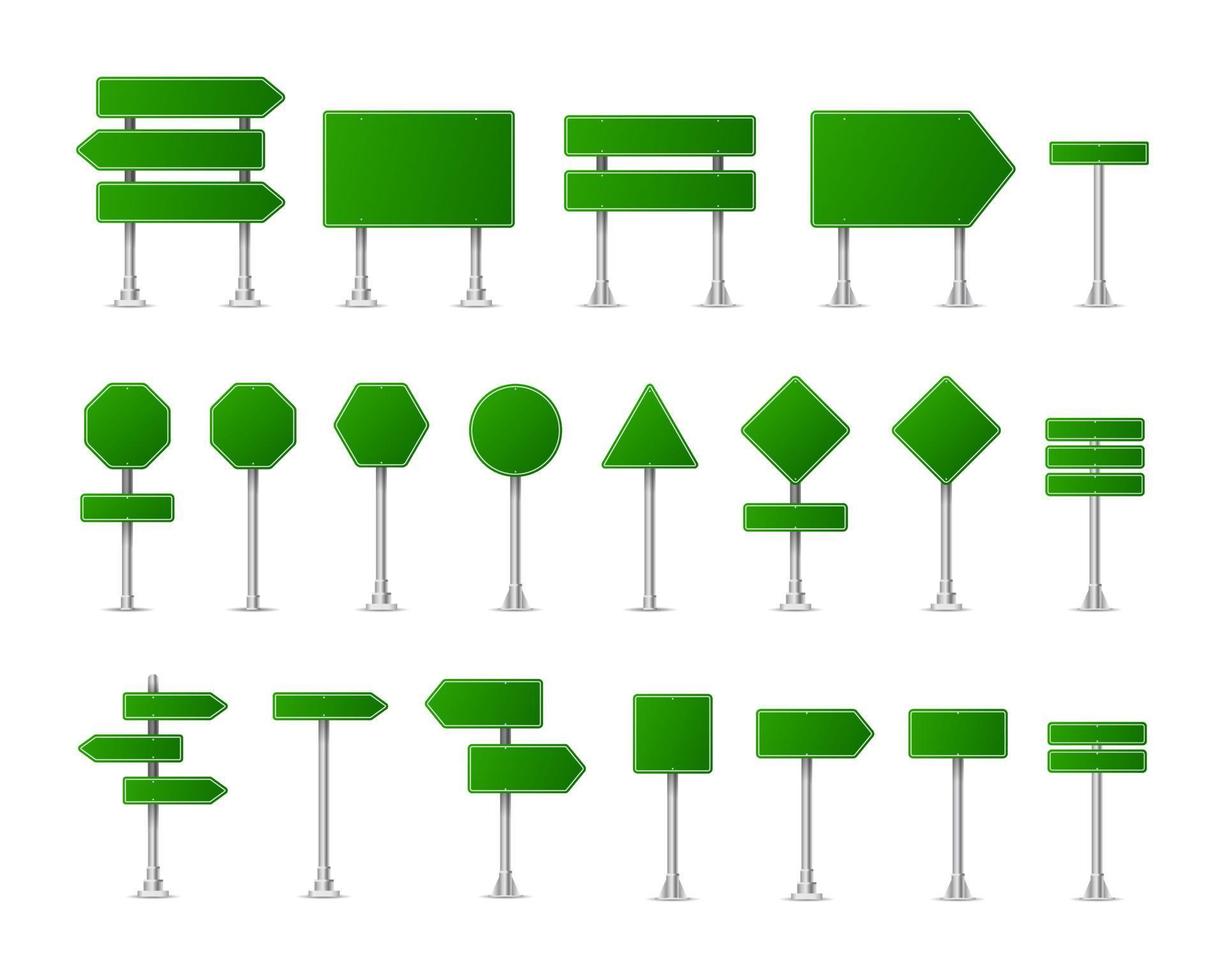 Realistas señales verdes de la calle y la carretera. vector de ilustración de la ciudad. Maqueta de señal de tráfico de la calle aislada, letrero o dirección de señalización simulacro de imagen 10