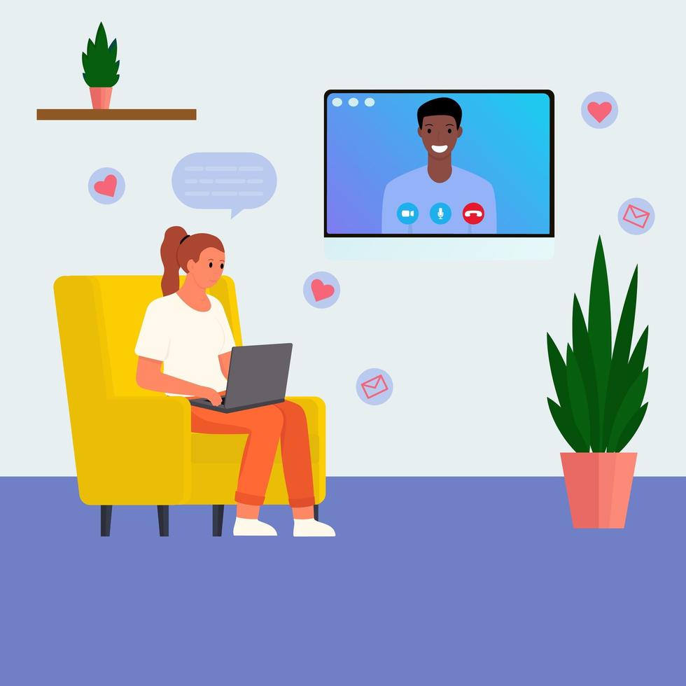 Virtual love. Couple in love talking on skype vector