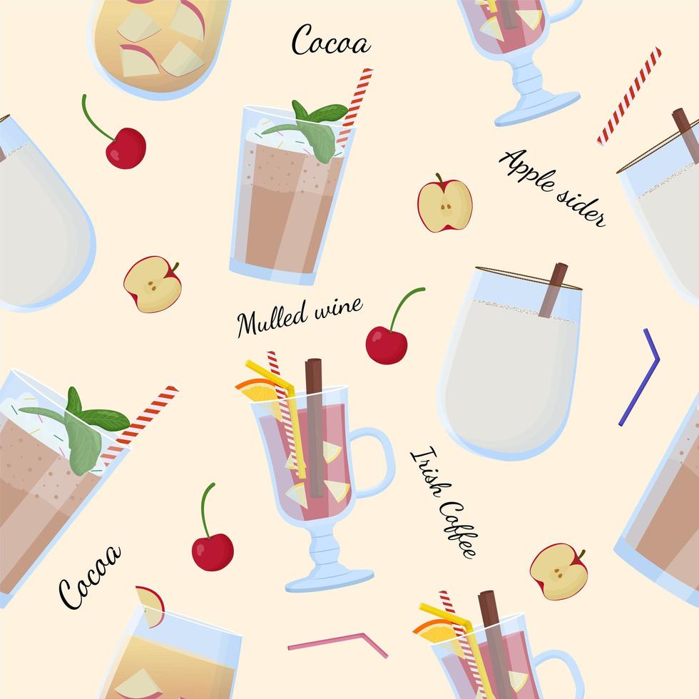 Alcohol drinks and cocktails seamless pattern. Mulled wine vector