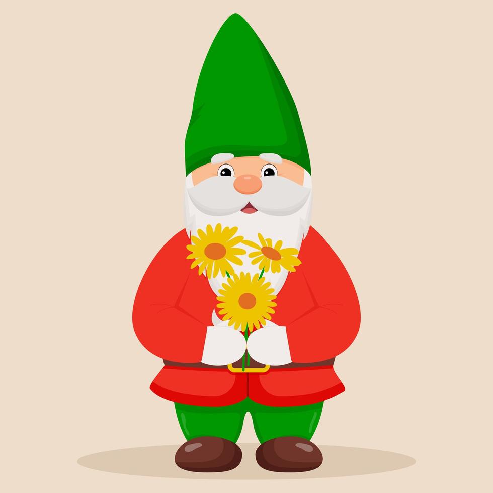 Cute garden gnome with flowers in his hands vector