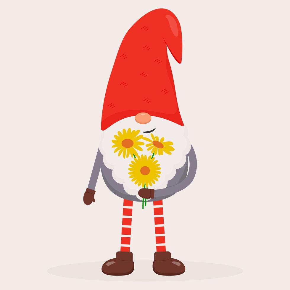 Gnomo de San Valentín con flores en sus manos. ilustración vectorial plana para st. regalo de san valentín, tarjeta, impresión, decoración vector