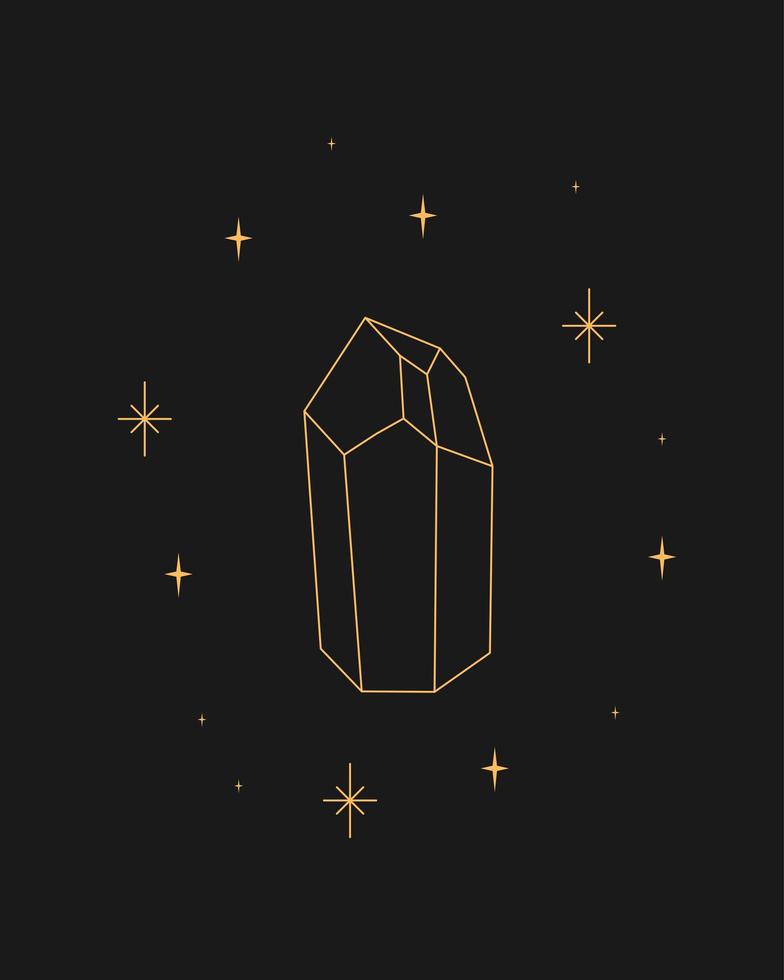 Magic crystal in sparkles, outline tarot illustration vector