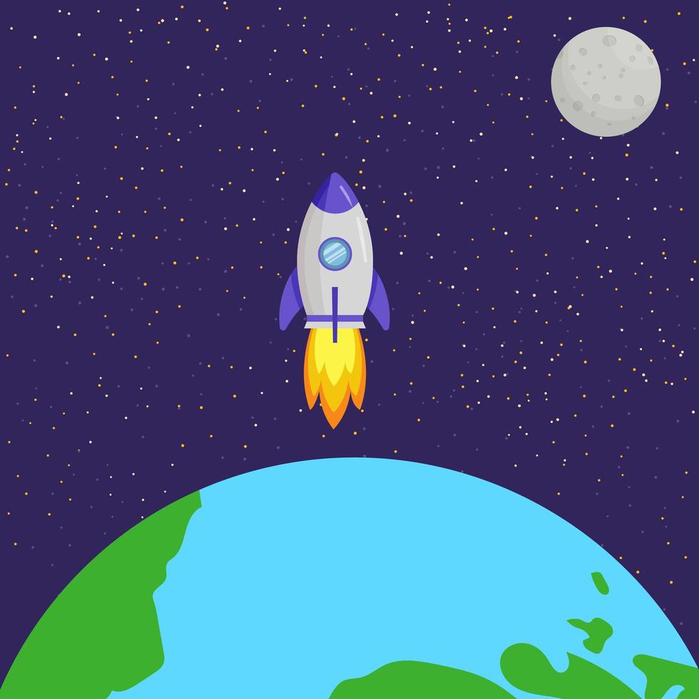 The rocket flies to the moon. Solar system, space. vector