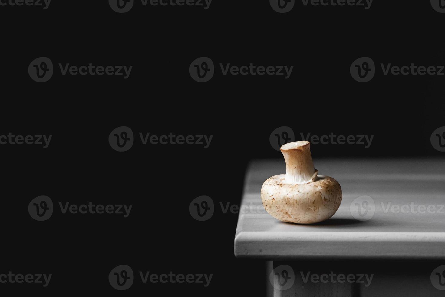 One mushroom champignon lie on the edge of a white table on a dark background photo