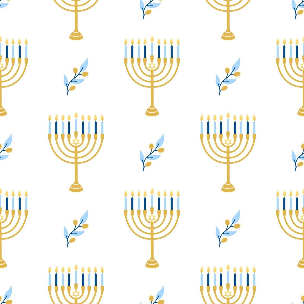 Hanukkah vector de patrones sin fisuras. Varios objetos del festival judío de luces en estilo plano.