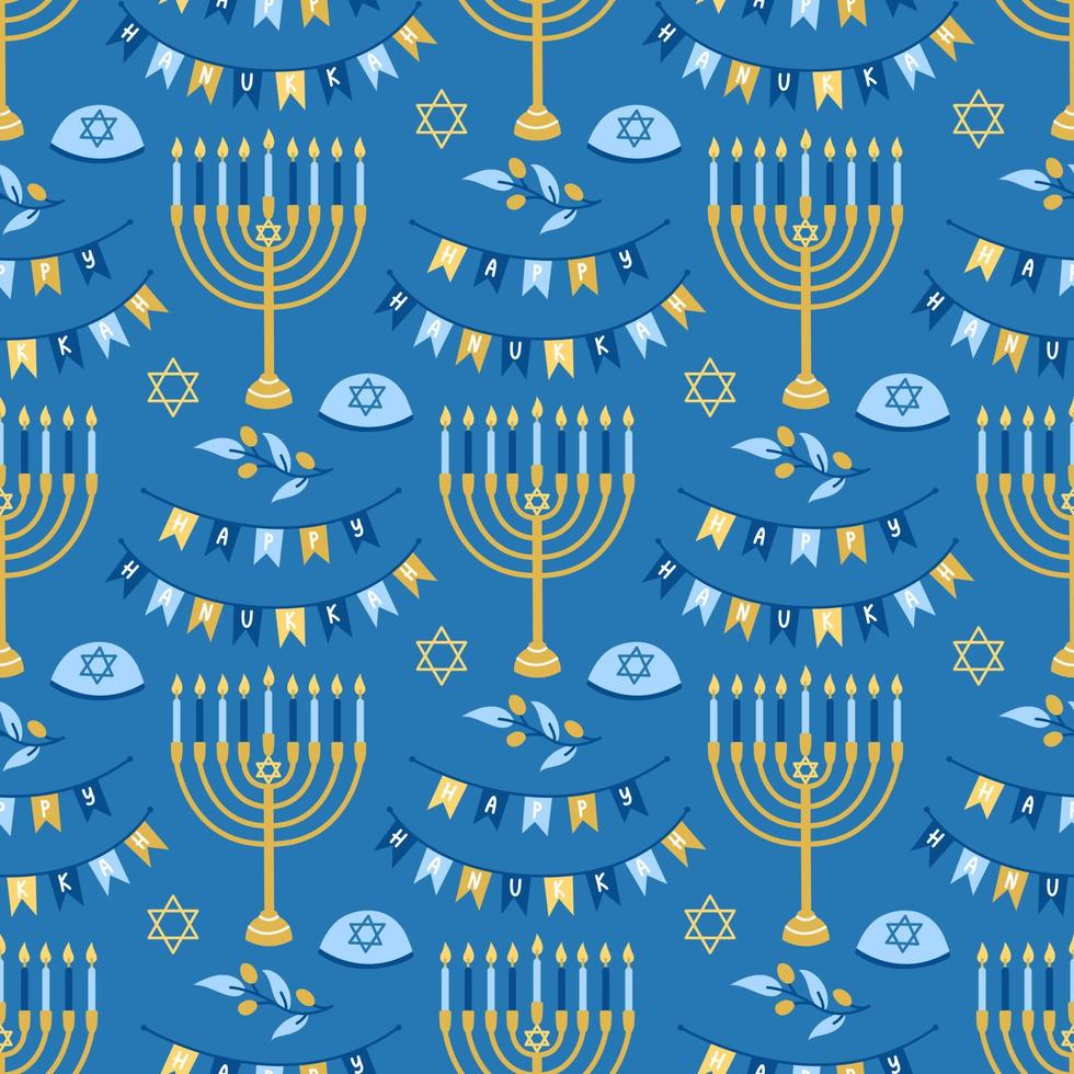 Hanukkah vector de patrones sin fisuras. Varios objetos del festival judío de luces en estilo plano.