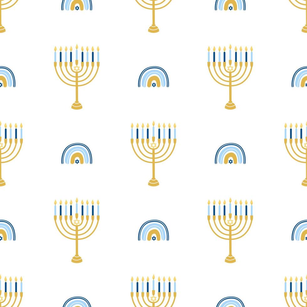 Hanukkah vector seamless pattern. Various object of Jewish festival of lights in flat style