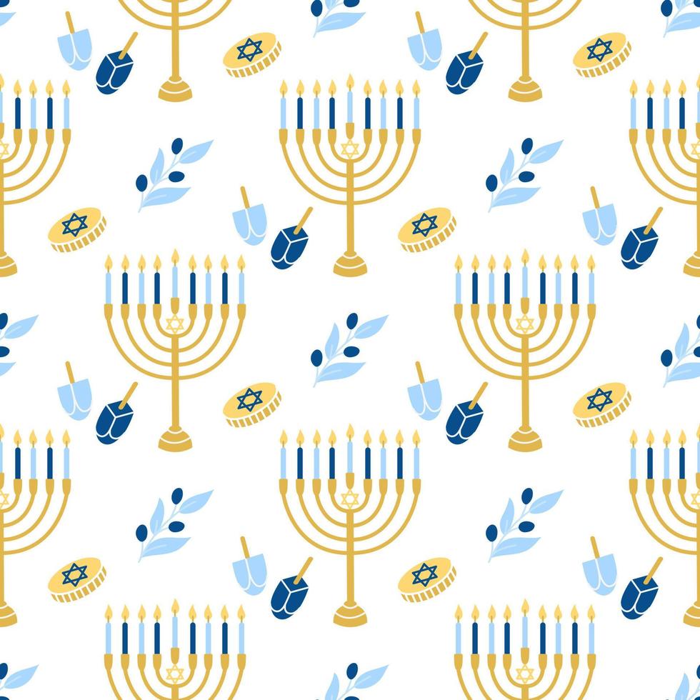 Hanukkah vector seamless pattern. Various object of Jewish festival of lights in flat style