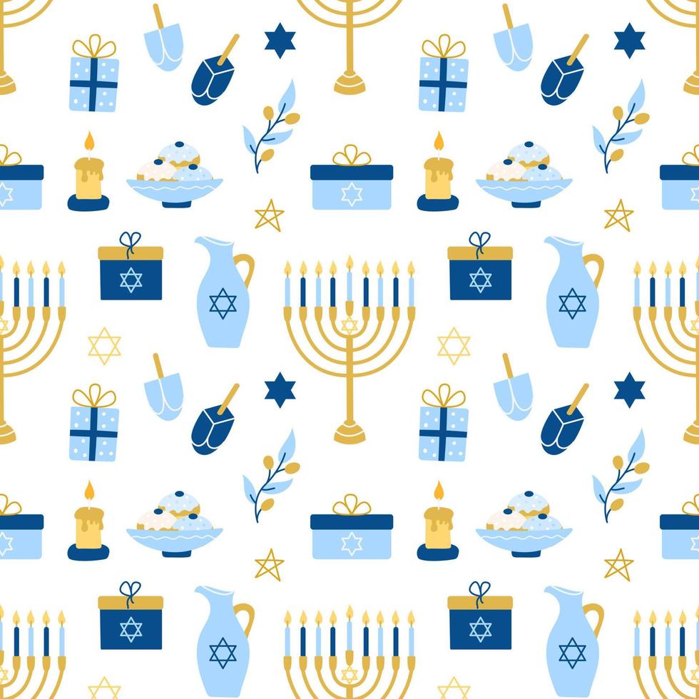 Hanukkah vector seamless pattern. Various object of Jewish festival of lights in flat style