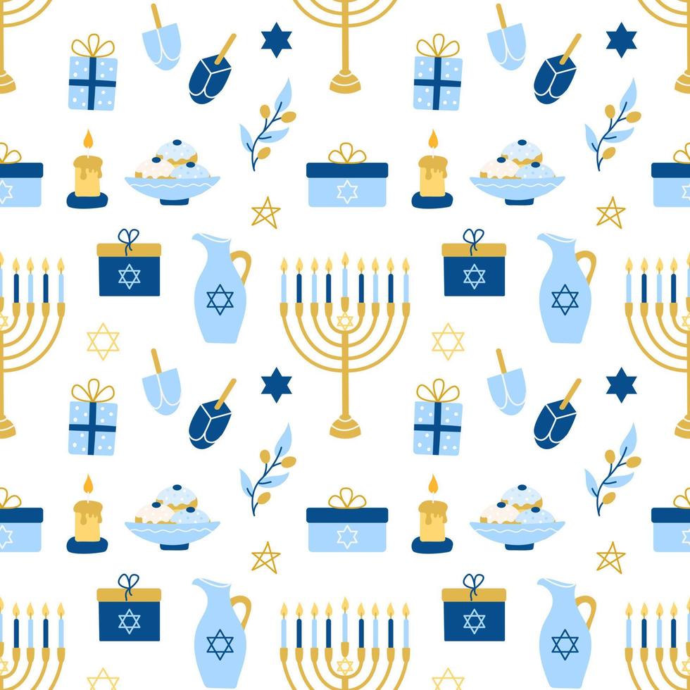 Hanukkah vector de patrones sin fisuras. Varios objetos del festival judío de luces en estilo plano.