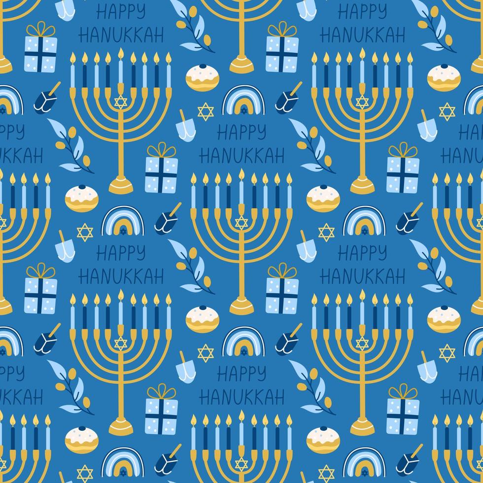 Hanukkah vector seamless pattern. Various object of Jewish festival of lights in flat style