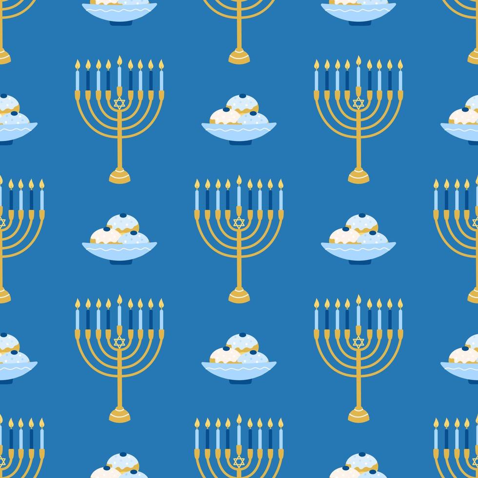 Hanukkah vector seamless pattern. Various object of Jewish festival of lights in flat style