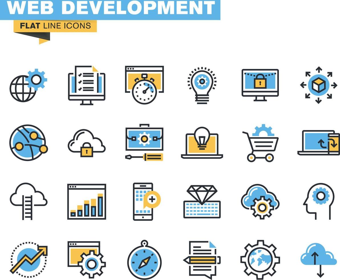 iconos de línea plana para desarrollo de sitios web, desarrollo de sitios web móviles, programación, seo, desarrollo de aplicaciones, mantenimiento de sitios web, seguridad en línea, diseño receptivo, computación en la nube. vector