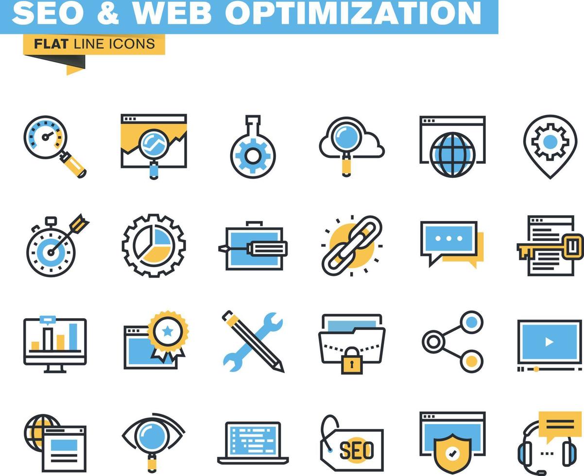 Flat line icons for seo and web optimization, for websites and mobile websites and apps. vector