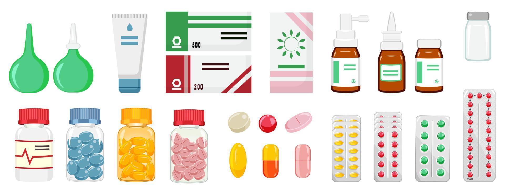 Pharmaceutical set of medicines in different dosage forms. vector