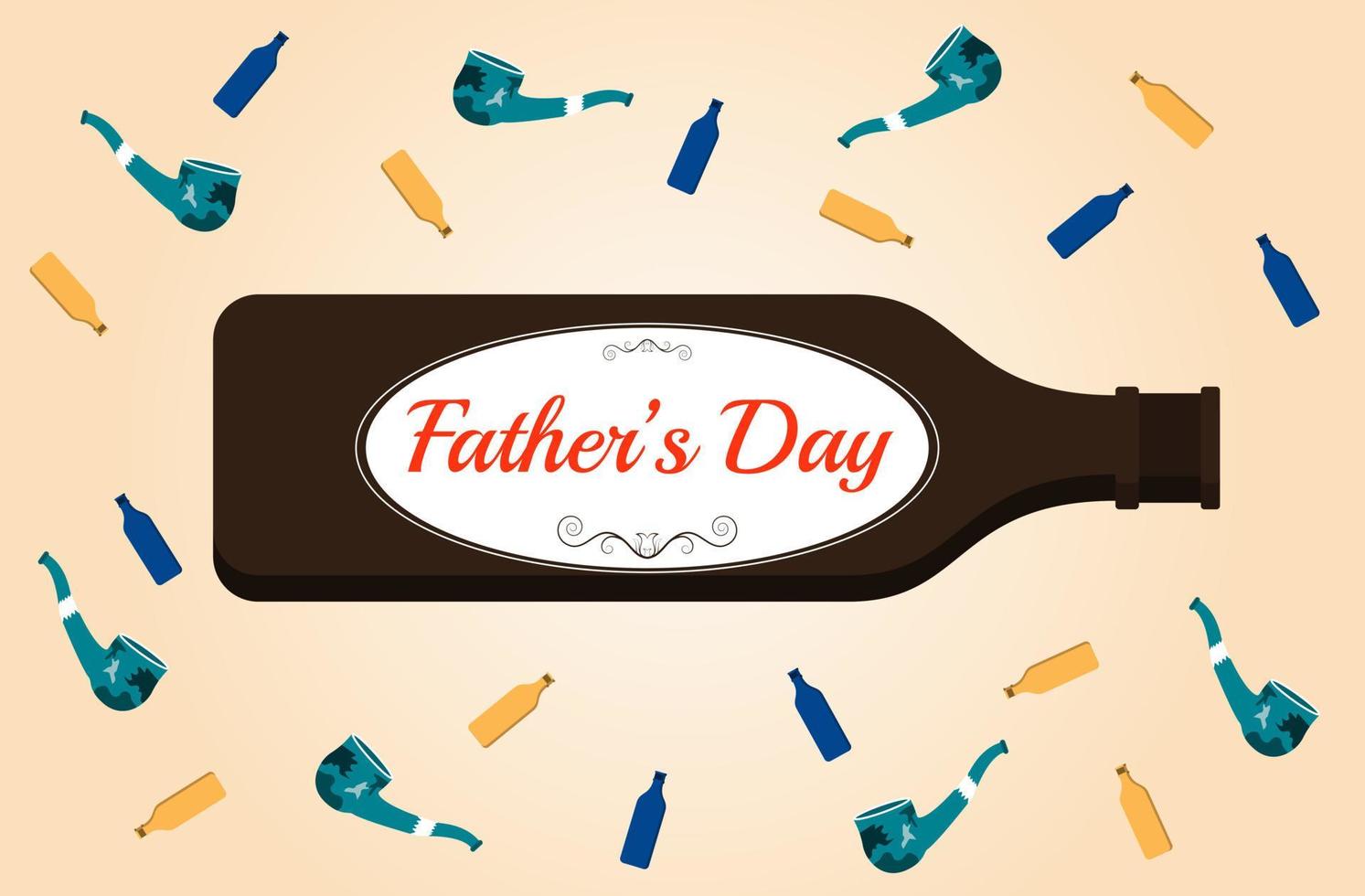 Letras del día del padre en una botella de cerveza y rodeadas de pipas y vasos pequeños. el diseño expresa masculinidad. vector