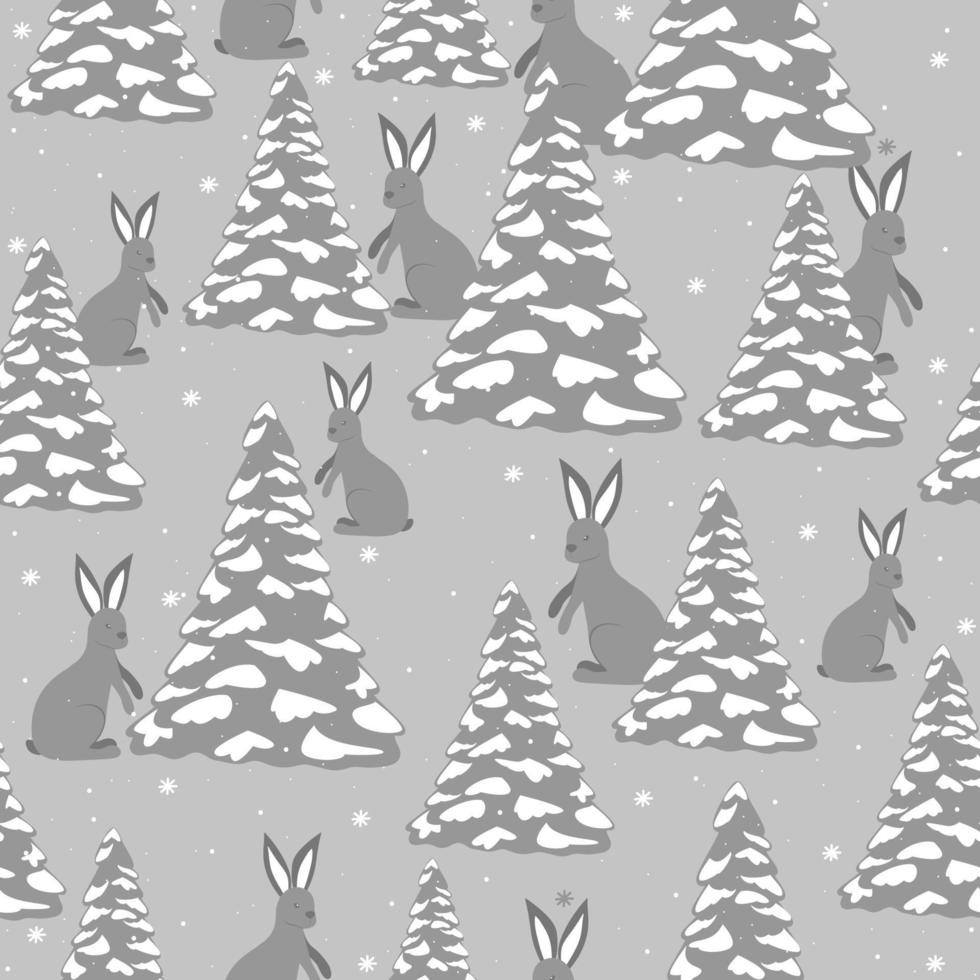 liebres en el bosque con árboles de navidad bajo la nieve. patrón de Navidad sin fisuras. vector