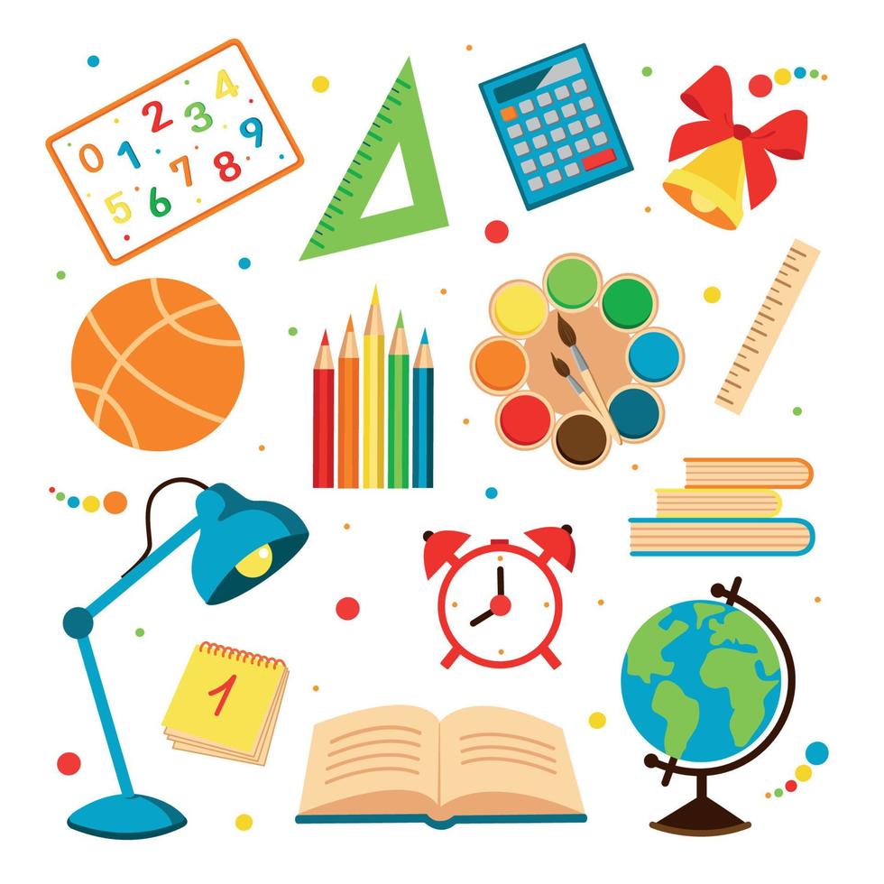 Bright set of school icons on a white background. vector