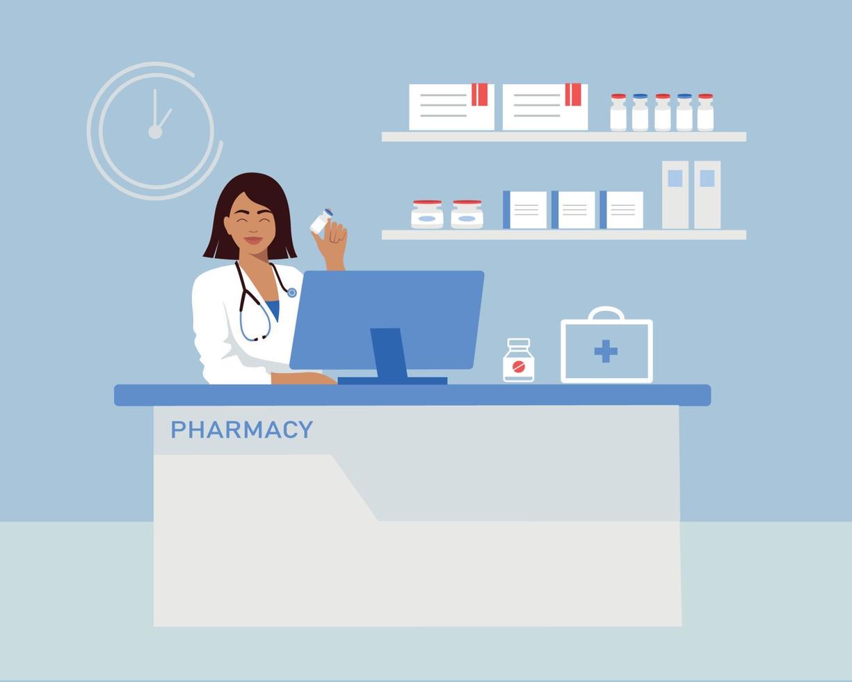 farmacia. un farmacéutico está listo para asesorar, vender medicamentos. vector
