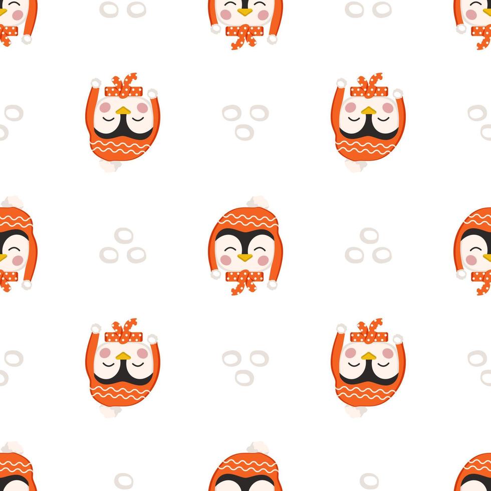 Seamless pattern with penguins in children style with holiday decorations for New Year and Christmas. Festive print of funny animals with caps and bows. Vector flat illustration