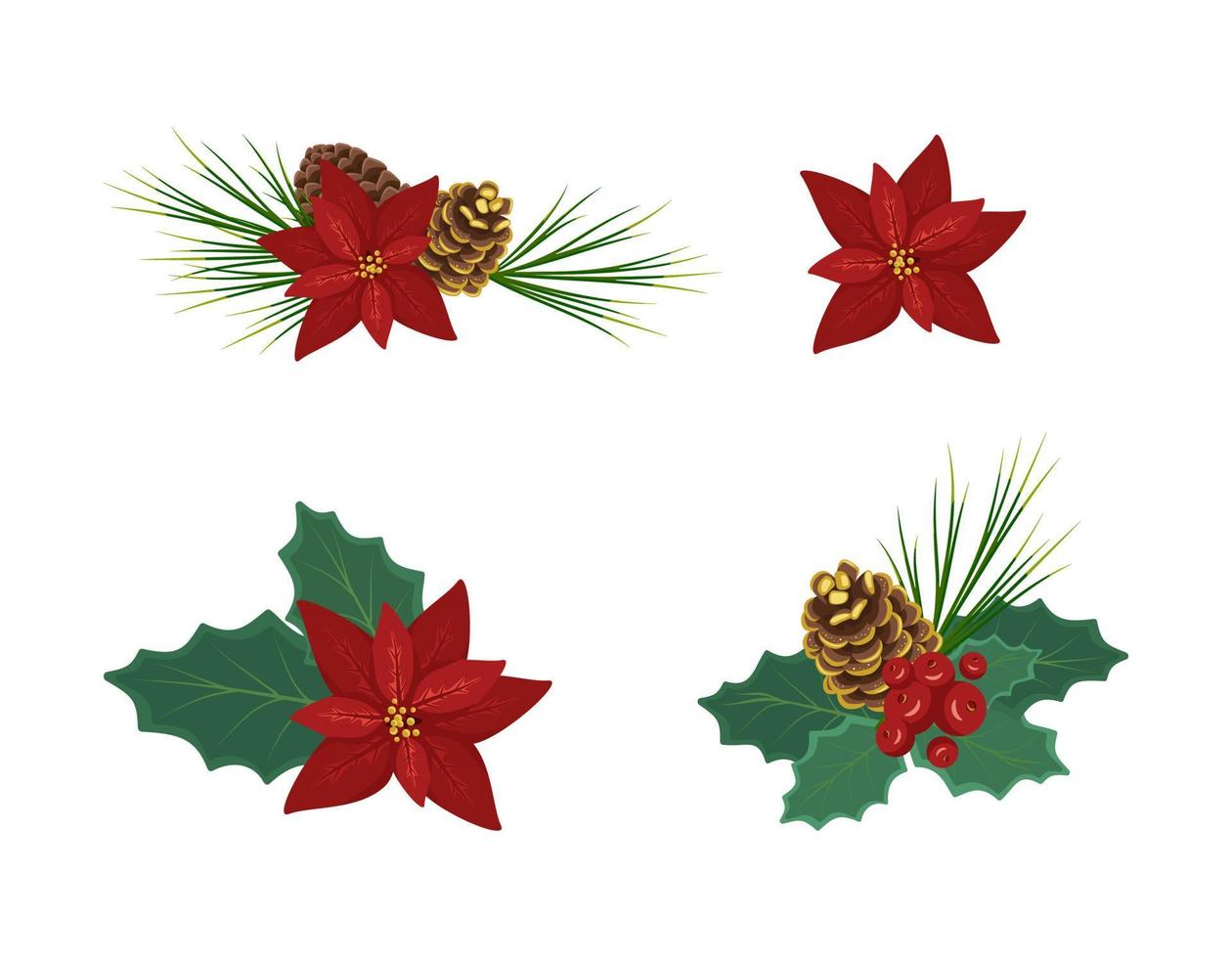 conjunto de composiciones florísticas navideñas, decoraciones festivas de invierno para año nuevo y regalo. flor de nochebuena roja navideña con agujas de pino, hojas de acebo y cono dorado vector