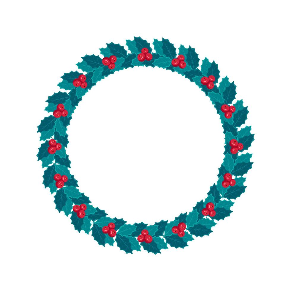Round Christmas wreath of blue leaves and holly berries. Festive decoration for the New Year and interior decor vector