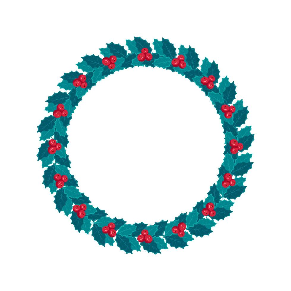 Round Christmas wreath of blue leaves and holly berries. Festive decoration for the New Year and interior decor vector