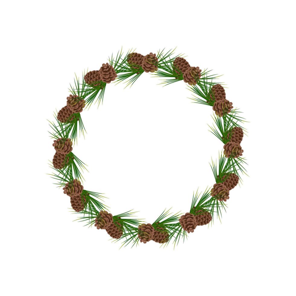 Round Christmas frame of fir and pine branches, long coniferous needles and cones. Festive decoration for the New Year and winter holidays vector