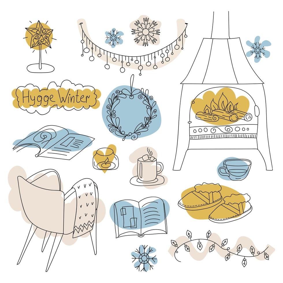 Set Doodle linear objects of the cozy home Hygge Winter Decorations, fireplace, candle, book, mug and comfortable armchair. Vector illustration in Scandinavian, Nordic style. Hand drawn line art