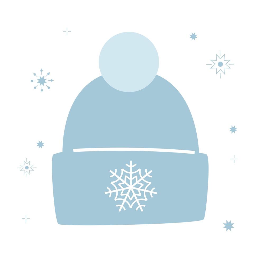 Warm winter blue hat for autumn or spring, an accessory for a man or a woman. Decorated with a snowflake and a pompom. Fluffy fabric. Simple vector illustration in flat style isolated on white