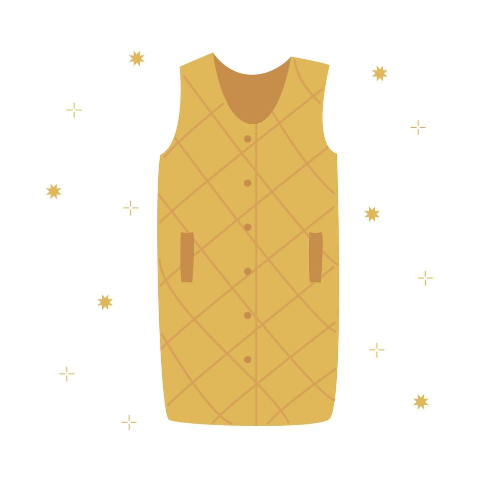 Trendy yellow down vest in quilted fabric in a cage with buttons and pockets for a woman. Modern girl in winter, spring, or autumn clothing. Simple vector illustration in flat style isolated