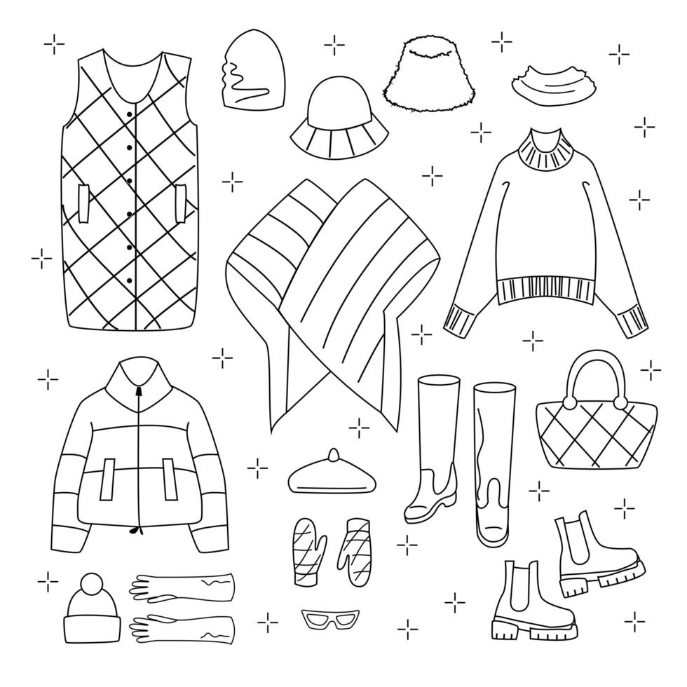 Big set Linear trendy Winter Clothes. Down vest, Panama hat, mittens, glasses, boots, down jacket, kimono, chelsea, bag, beret. Modern Line At Clothing for spring and autumn. Vector doodle